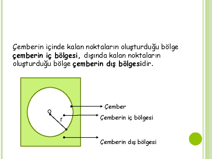 Çemberin içinde kalan noktaların oluşturduğu bölge çemberin iç bölgesi, dışında kalan noktaların oluşturduğu bölge