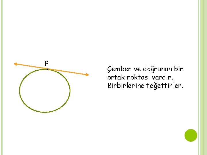 P ∙ Çember ve doğrunun bir ortak noktası vardır. Birbirlerine teğettirler. 