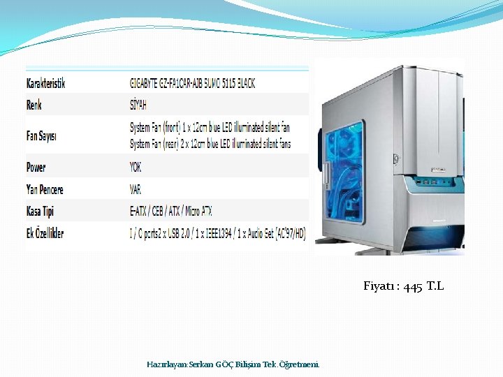 Fiyatı : 445 T. L Hazırlayan: Serkan GÖÇ Bilişim Tek. Öğretmeni. 