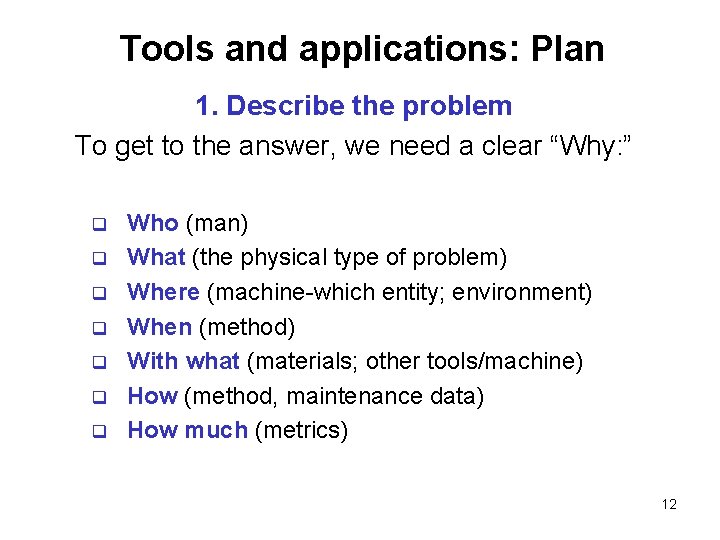 Tools and applications: Plan 1. Describe the problem To get to the answer, we