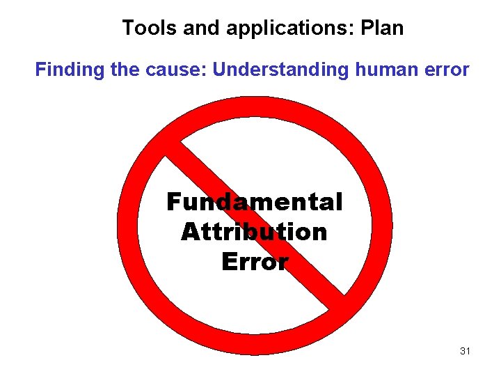 Tools and applications: Plan Finding the cause: Understanding human error Fundamental Attribution Error 31