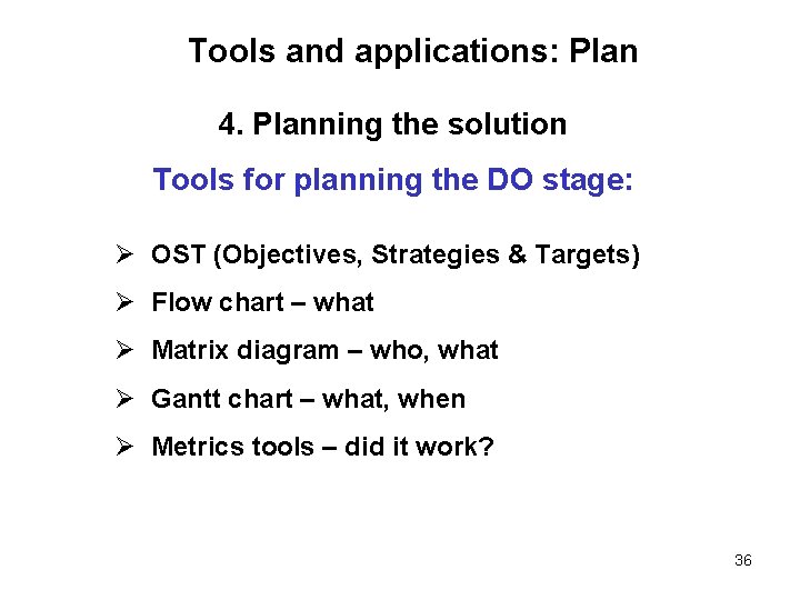 Tools and applications: Plan 4. Planning the solution Tools for planning the DO stage: