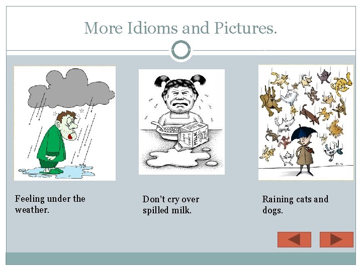 More Idioms and Pictures. Feeling under the weather. Don’t cry over spilled milk. Raining