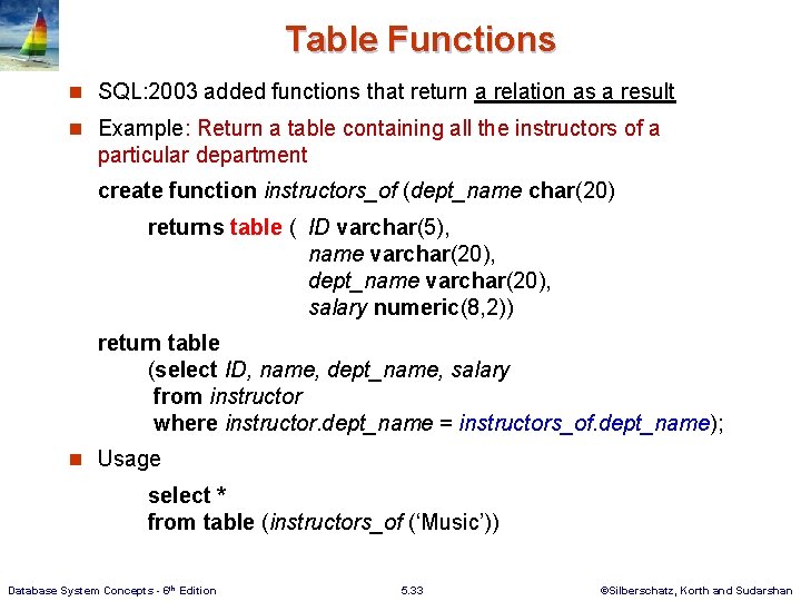 Table Functions n SQL: 2003 added functions that return a relation as a result