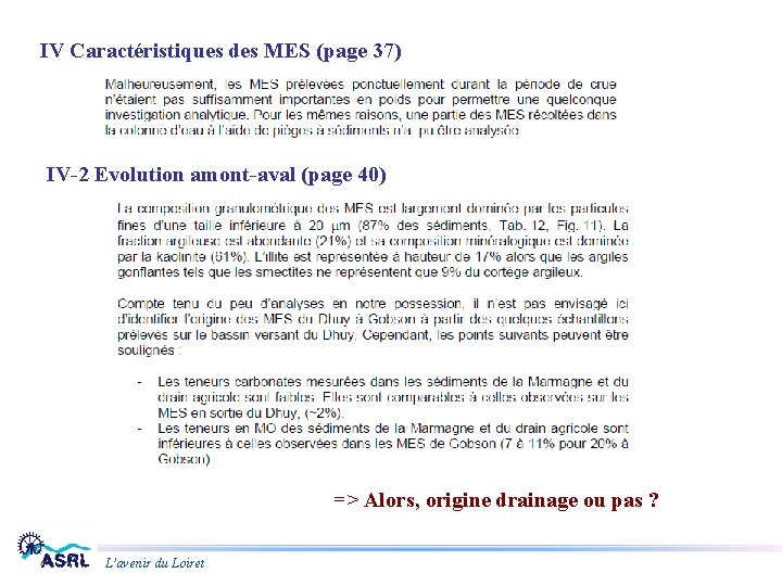 IV Caractéristiques des MES (page 37) IV-2 Evolution amont-aval (page 40) => Alors, origine