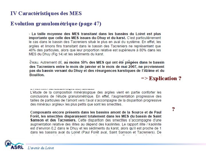 IV Caractéristiques des MES Evolution granulométrique (page 47) => Explication ? ? L’avenir du
