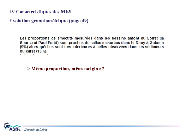 IV Caractéristiques des MES Evolution granulométrique (page 49) => Même proportion, même origine ?