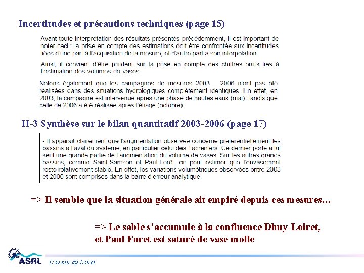 Incertitudes et précautions techniques (page 15) II-3 Synthèse sur le bilan quantitatif 2003 -2006