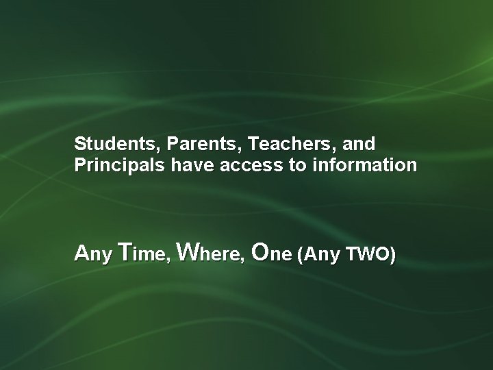 Students, Parents, Teachers, and Principals have access to information Any Time, Where, One (Any