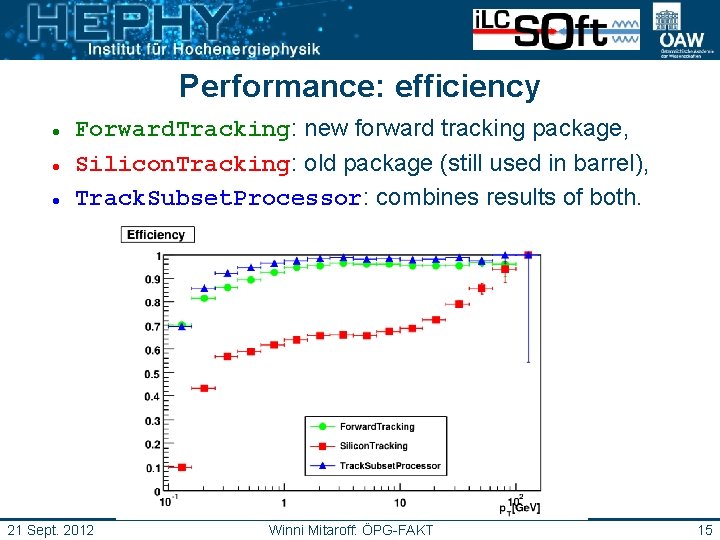 Performance: efficiency Forward. Tracking: new forward tracking package, Silicon. Tracking: old package (still used