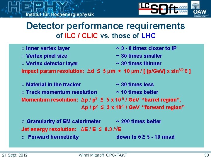 Detector performance requirements of ILC / CLIC vs. those of LHC ○ Inner vertex