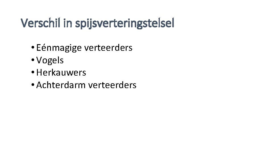 Verschil in spijsverteringstelsel • Eénmagige verteerders • Vogels • Herkauwers • Achterdarm verteerders 