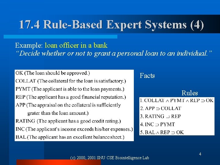 17. 4 Rule-Based Expert Systems (4) Example: loan officer in a bank “Decide whether