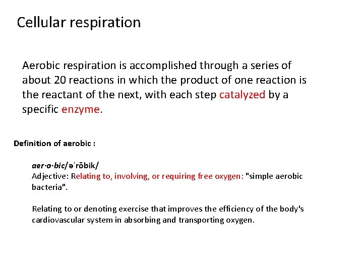 Cellular respiration Aerobic respiration is accomplished through a series of about 20 reactions in