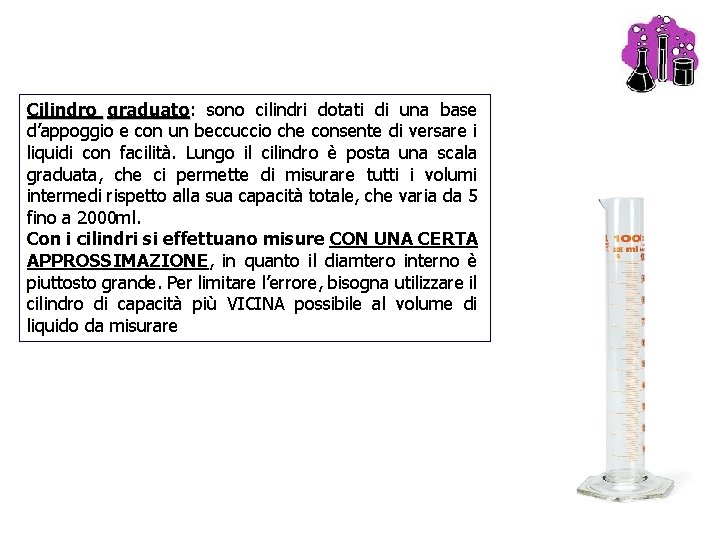 Cilindro graduato: graduato sono cilindri dotati di una base d’appoggio e con un beccuccio Cilindro graduato: graduato sono cilindri dotati di una base d’appoggio e con un beccuccio