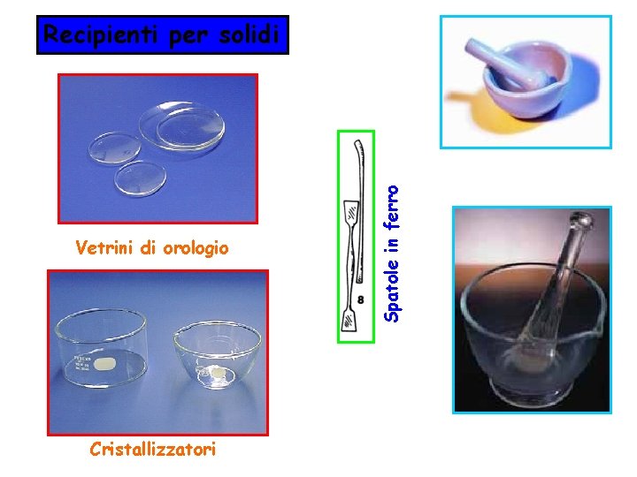 Vetrini di orologio Cristallizzatori Spatole in ferro Recipienti per solidi Mortai con pestello Vetrini di orologio Cristallizzatori Spatole in ferro Recipienti per solidi Mortai con pestello