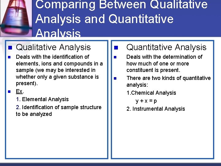 Comparing Between Qualitative Analysis and Quantitative Analysis n Qualitative Analysis n Quantitative Analysis n