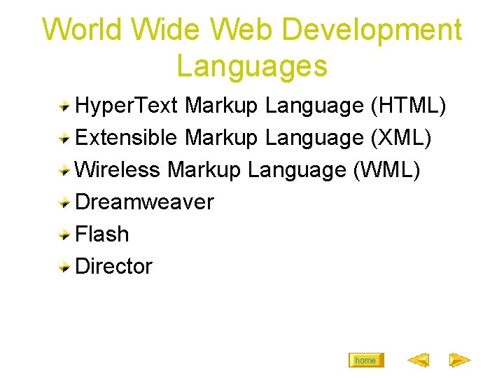 World Wide Web Development Languages Hyper. Text Markup Language (HTML) Extensible Markup Language (XML) World Wide Web Development Languages Hyper. Text Markup Language (HTML) Extensible Markup Language (XML)
