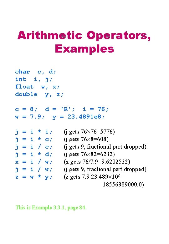Arithmetic Operators, Examples char c, d; int i, j; float w, x; double y, Arithmetic Operators, Examples char c, d; int i, j; float w, x; double y,