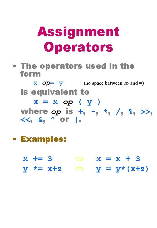 Assignment Operators • The operators used in the form x op= y (no space Assignment Operators • The operators used in the form x op= y (no space