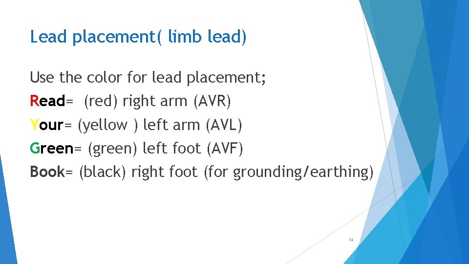 Lead placement( limb lead) Use the color for lead placement; Read= (red) right arm