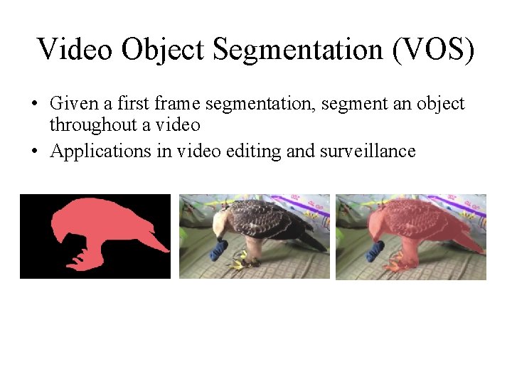 Video Object Segmentation (VOS) • Given a first frame segmentation, segment an object throughout