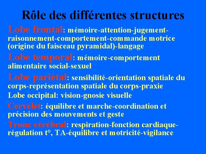 Rôle des différentes structures Lobe frontal: mémoire-attention-jugement- raisonnement-comportement-commande motrice (origine du faisceau pyramidal)-langage Lobe