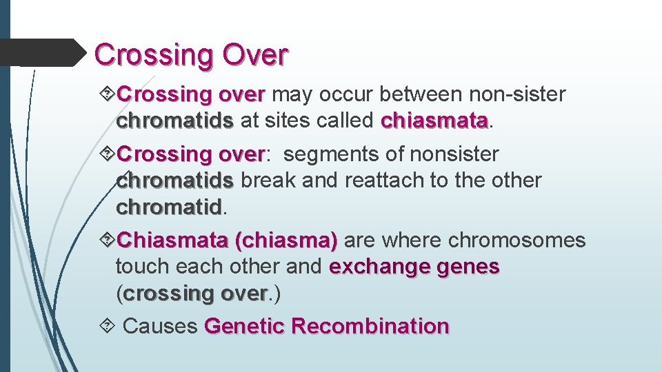 Crossing Over Crossing over may occur between non-sister chromatids at sites called chiasmata Crossing