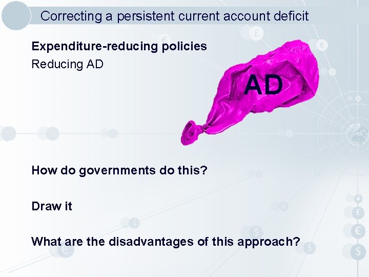 Correcting a persistent current account deficit Expenditure-reducing policies Reducing AD AD How do governments