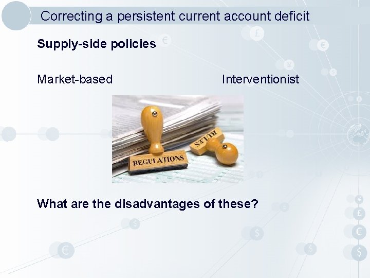 Correcting a persistent current account deficit Supply-side policies Market-based Interventionist What are the disadvantages