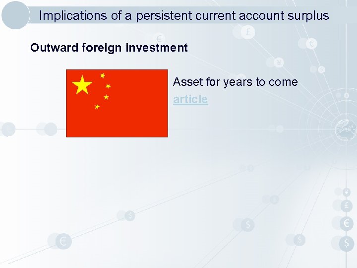 Implications of a persistent current account surplus Outward foreign investment Asset for years to
