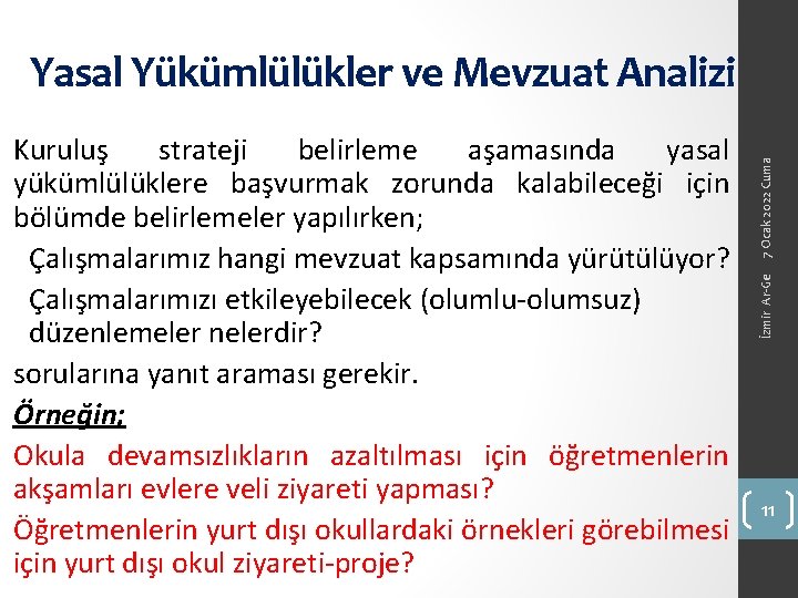 İzmir Ar-Ge Kuruluş strateji belirleme aşamasında yasal yükümlülüklere başvurmak zorunda kalabileceği için bölümde belirlemeler