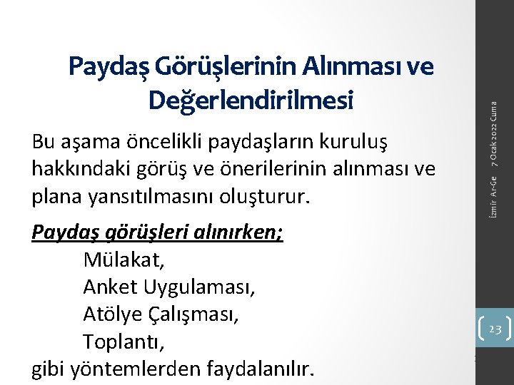 7 Ocak 2022 Cuma Paydaş Görüşlerinin Alınması ve Değerlendirilmesi Paydaş görüşleri alınırken; Mülakat, Anket