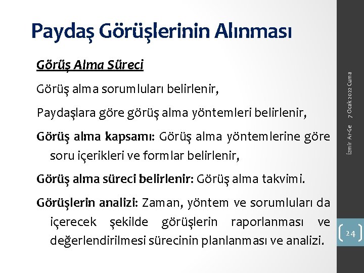 Görüş alma sorumluları belirlenir, Paydaşlara göre görüş alma yöntemleri belirlenir, Görüş alma kapsamı: Görüş