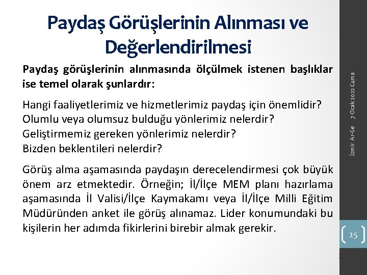 Paydaş Görüşlerinin Alınması ve Değerlendirilmesi 7 Ocak 2022 Cuma Paydaş görüşlerinin alınmasında ölçülmek istenen