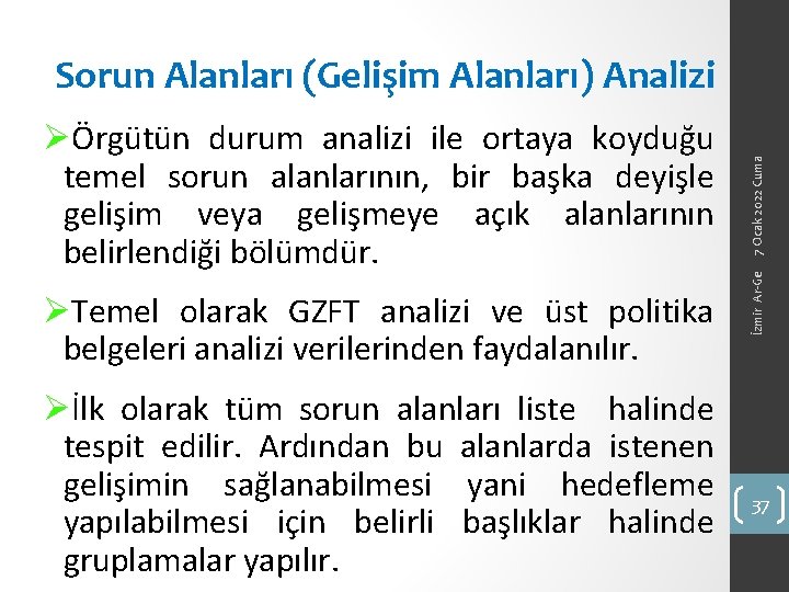 Sorun Alanları (Gelişim Alanları) Analizi İzmir Ar-Ge 7 Ocak 2022 Cuma ØÖrgütün durum analizi