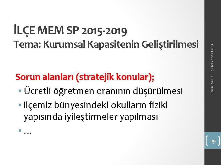 İLÇE MEM SP 2015 -2019 7 Ocak 2022 Cuma Tema: Kurumsal Kapasitenin Geliştirilmesi İzmir