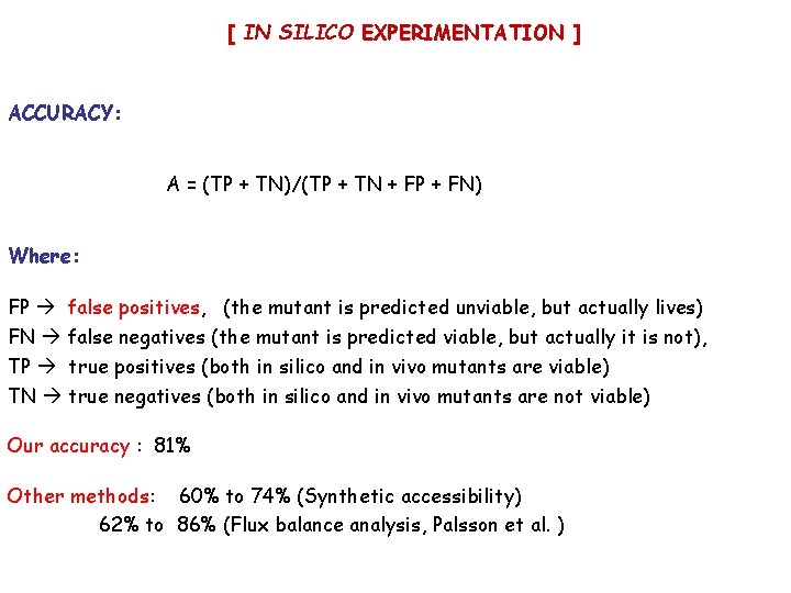 [ IN SILICO EXPERIMENTATION ] ACCURACY: A = (TP + TN)/(TP + TN +