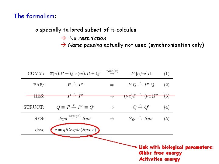 The formalism: a specially tailored subset of π-calculus No restriction Name passing actually not