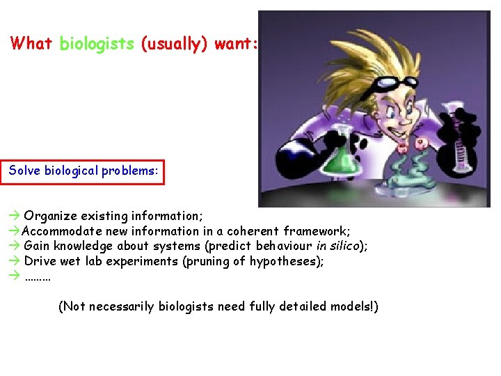 What biologists (usually) want: Solve biological problems: Organize existing information; Accommodate new information in