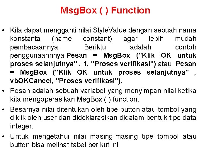 Msg. Box ( ) Function • Kita dapat mengganti nilai Style. Value dengan sebuah