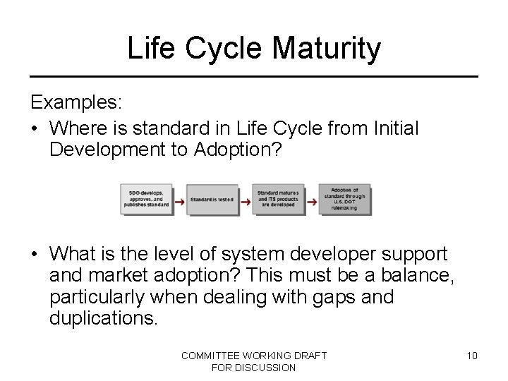 Life Cycle Maturity Examples: • Where is standard in Life Cycle from Initial Development