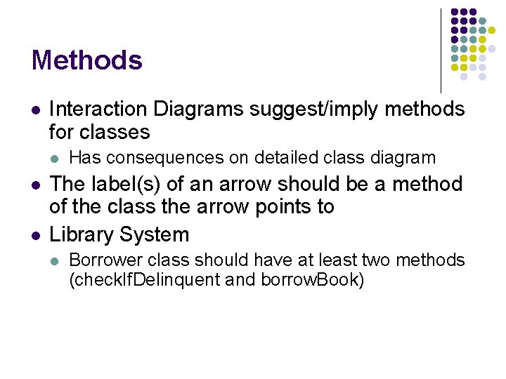 Methods l Interaction Diagrams suggest/imply methods for classes l l l Has consequences on