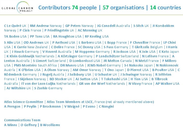 Contributors 74 people | 57 organisations | 14 countries C Le Quéré UK |