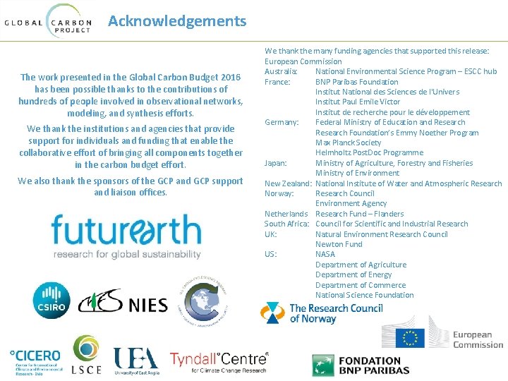 Acknowledgements The work presented in the Global Carbon Budget 2016 has been possible thanks