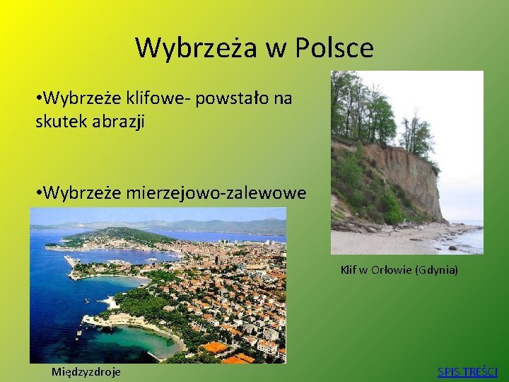 Wybrzeża w Polsce • Wybrzeże klifowe- powstało na skutek abrazji • Wybrzeże mierzejowo-zalewowe Klif