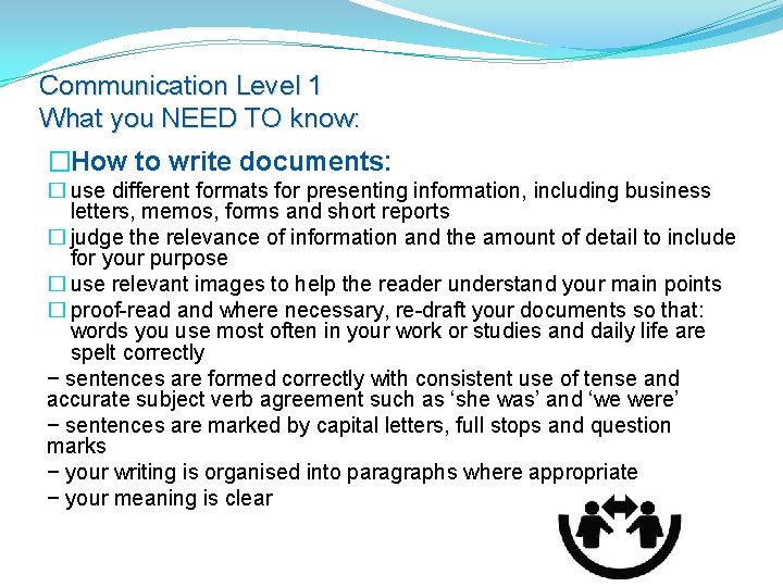 Communication Level 1 What you NEED TO know: �How to write documents: � use