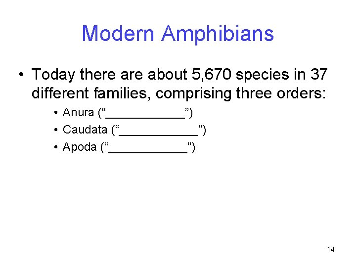 Modern Amphibians • Today there about 5, 670 species in 37 different families, comprising