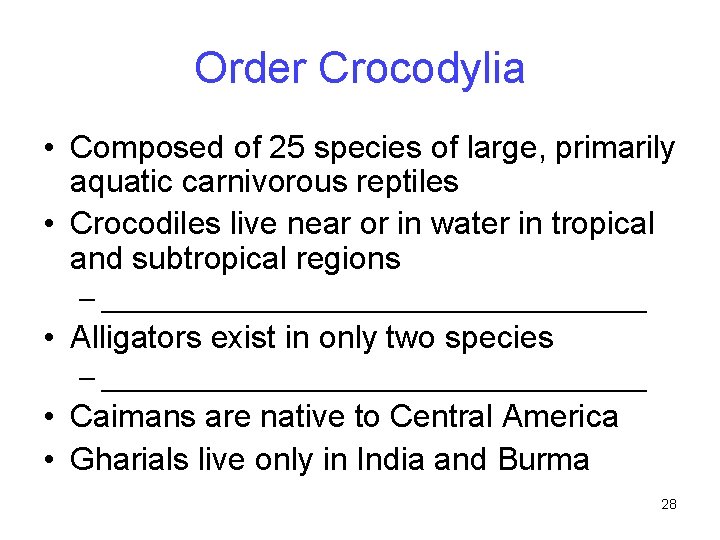 Order Crocodylia • Composed of 25 species of large, primarily aquatic carnivorous reptiles •