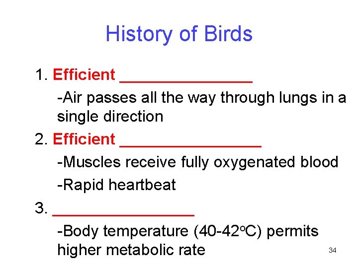 History of Birds 1. Efficient ________ -Air passes all the way through lungs in